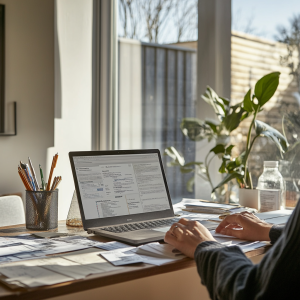 Small business owner using QuickBooks for year-end tax preparation and expense tracking